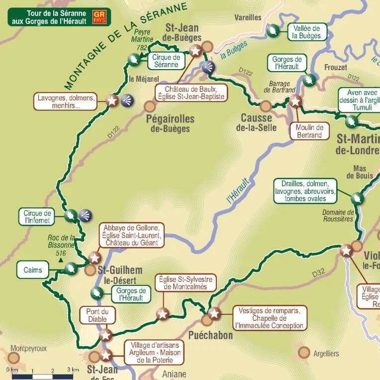 Carte du tour de la Séranne aux Gorges de l'Hérault